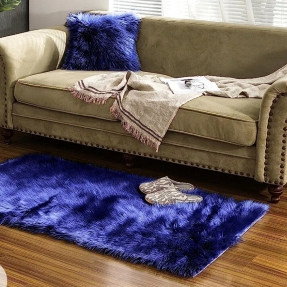 New! Bright blue cozy soft faux sheepskin fur rectangular luxurious accent rug